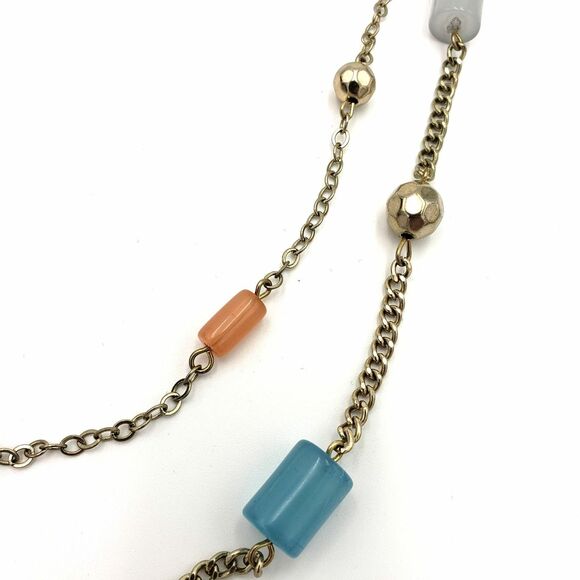 Gold Tone Satellite Cylinder Bead Necklace Blue Pink Green Gray Double Chain - Picture 12 of 12
